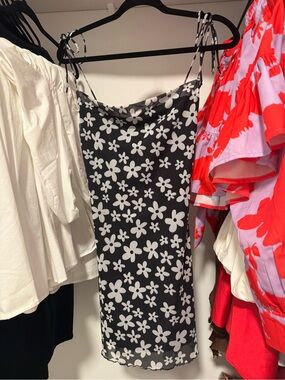 Bershka Black & White Floral Mesh Mini Dress | Size XS